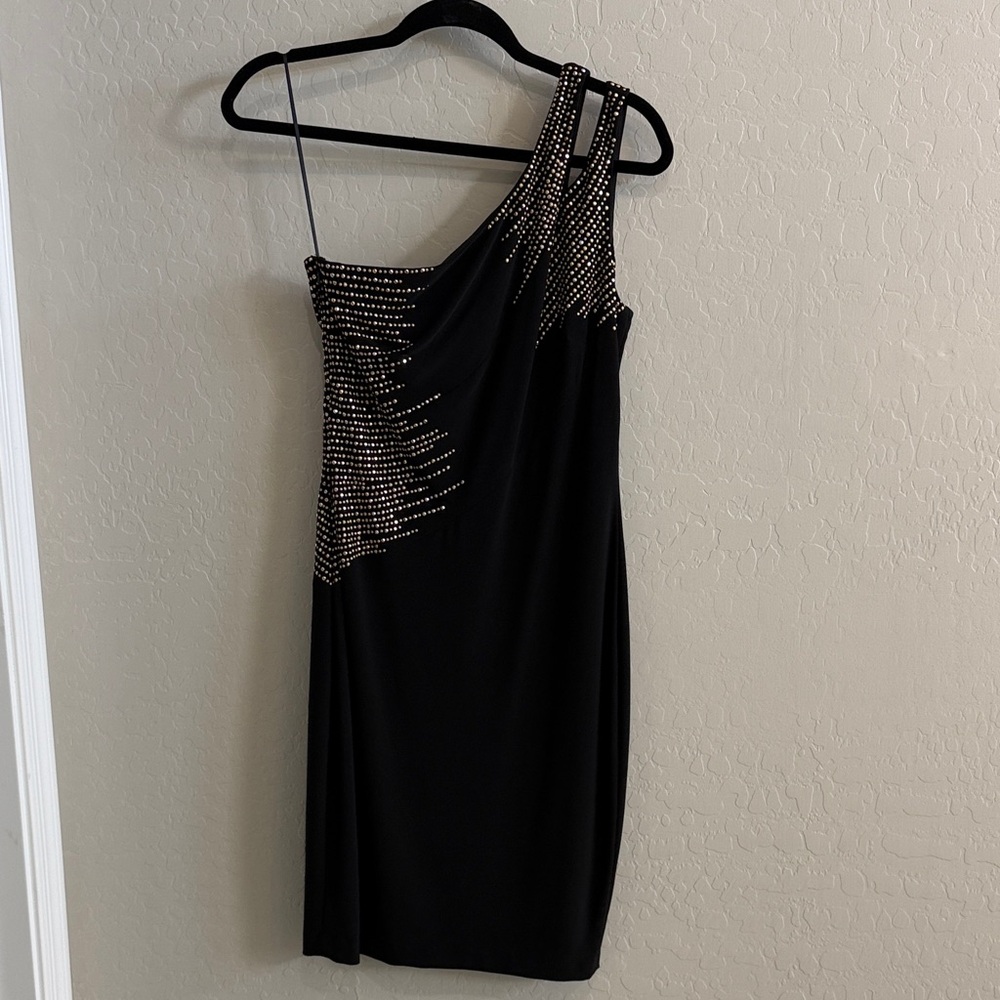 Cache Black One-Shoulder Dress with Gold Accents NWT